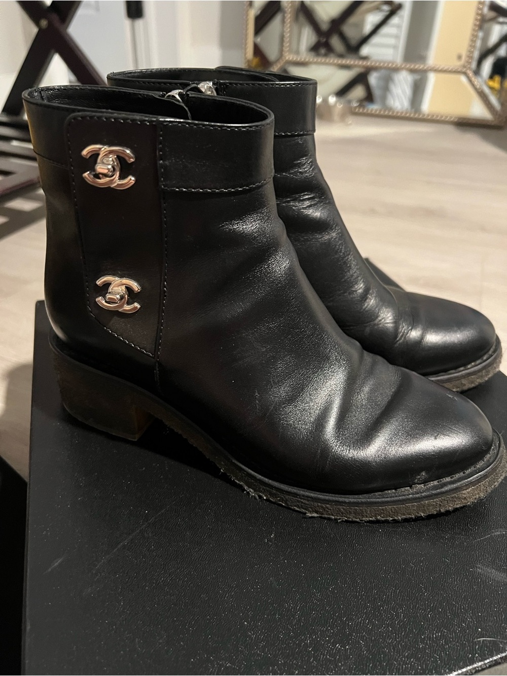 CHANEL Black Leather Ankle Booties with Double CC Hardware - Size 37